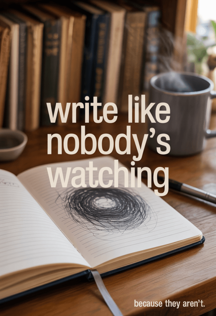 Warm, cozy journaling scene with soft lighting, open notebook mid-entry, and handwritten overlay text saying “Write Like Nobody’s Watching – Because They Aren’t.” Emotional and safe atmosphere.