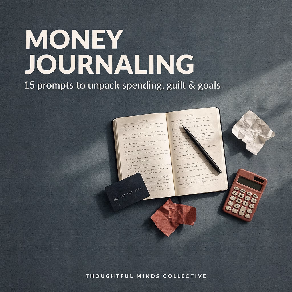 Open money journal beside a calculator, receipts and bank card, with the text “Money Journaling: 15 prompts to unpack spending, guilt and goals.”