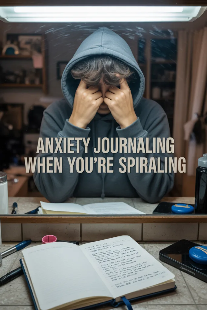 Moody mirror selfie with full hoodie, fogged mirror, visible open notebook on counter.