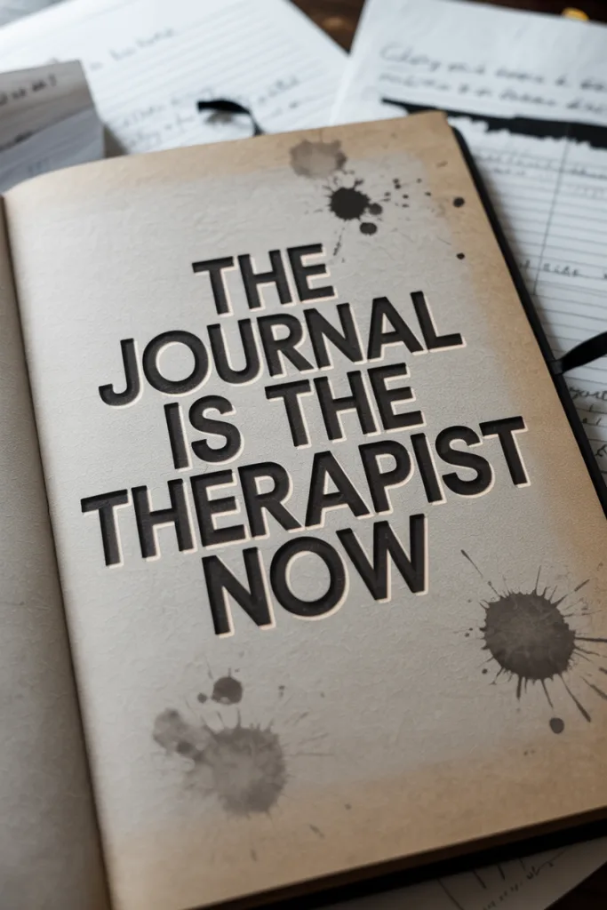 Text-only pin with large overlay that says “The Journal Is the Therapist Now” on a distressed paper background.