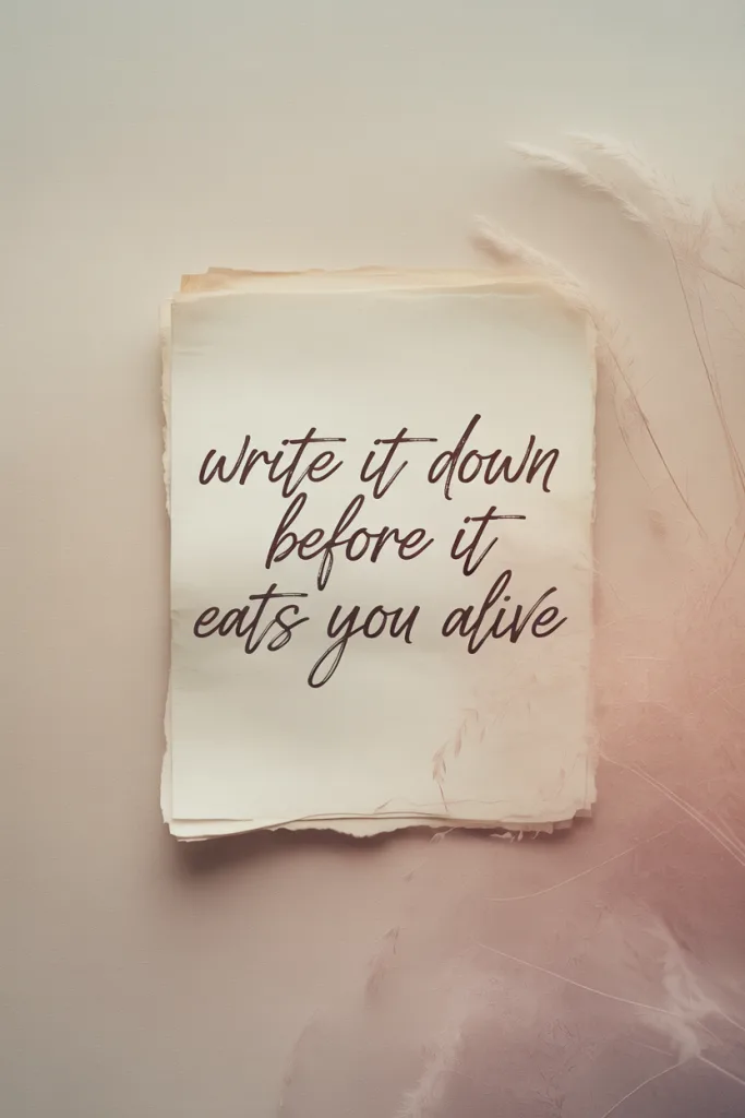 Beige or dusty pink background, soft gradient. Overlay text in large script: