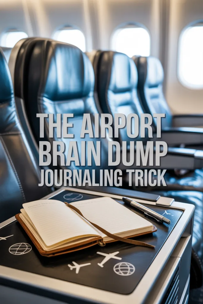Travel journaling pin with airplane scene and big text showing brain dump writing method.