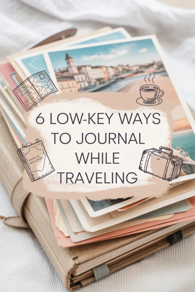 Travel-inspired collage background with simple overlay text showing journaling tips for travelers.