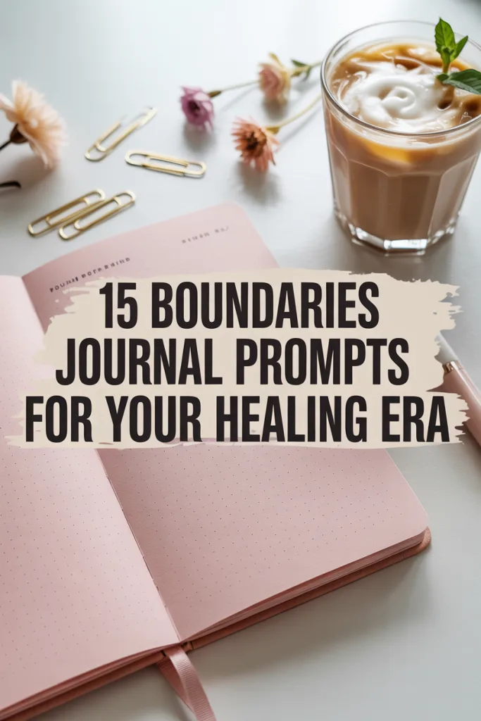 Feminine flatlay with pink journal, iced coffee, and gold pen