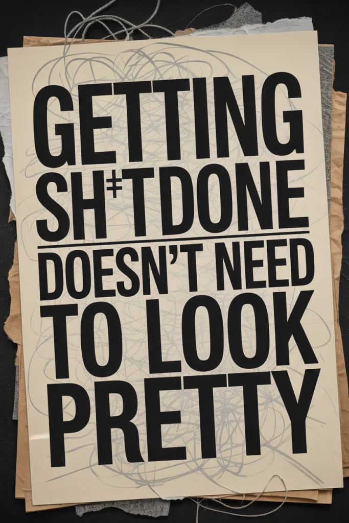 Bold edgy Pinterest pin with black grunge background and white text overlay that says “Getting Sh*t Done Doesn’t Need to Look Pretty.”
