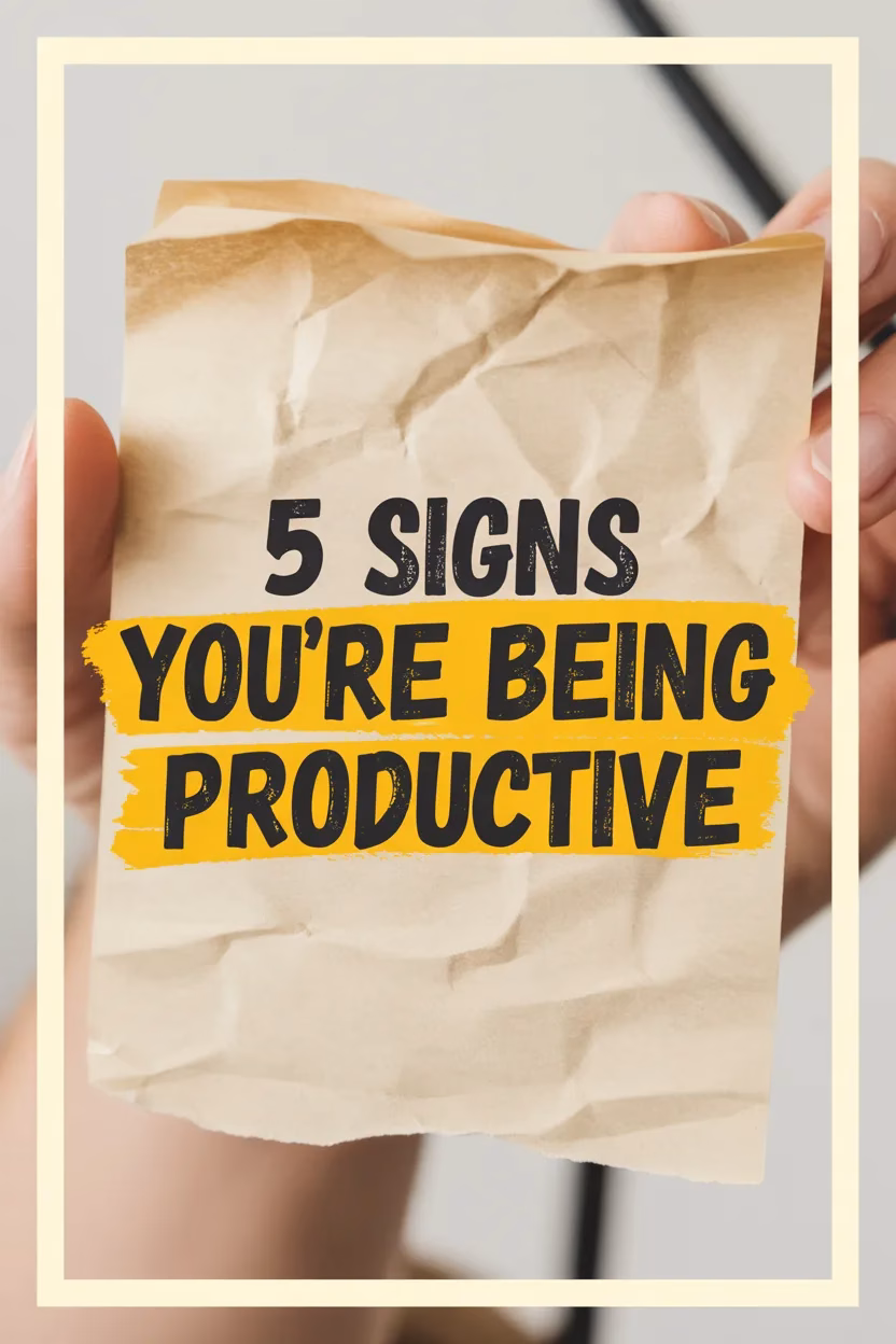 Cream paper texture pin with black marker-style font that reads “5 Signs You’re Being Productive.”