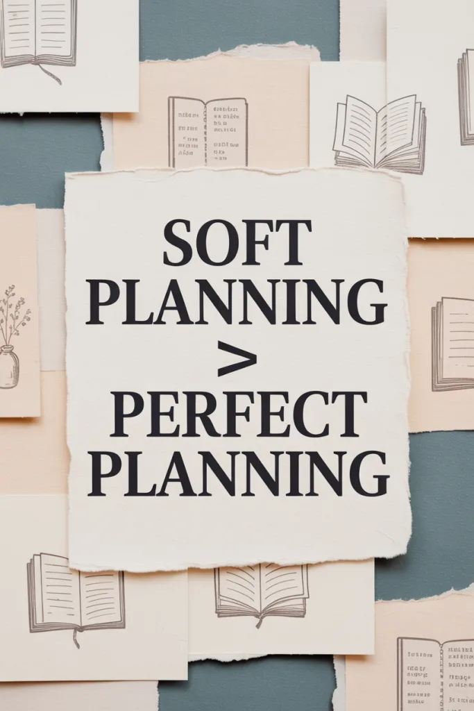 Pinterest pin with torn journal paper collage and overlay text that says “Soft Planning > Perfect Planning.”