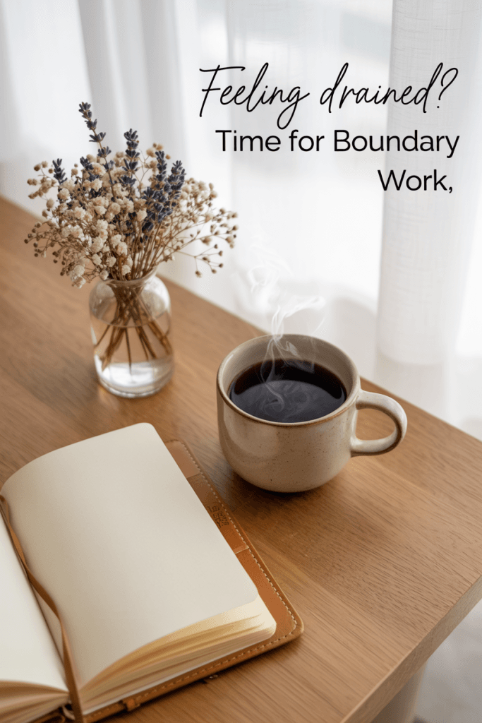 Soft neutral Pinterest pin with a cozy bedroom desk setup. Cream and beige color tones with handwritten script text that says “Feeling Drained? Time for Boundary Work.”