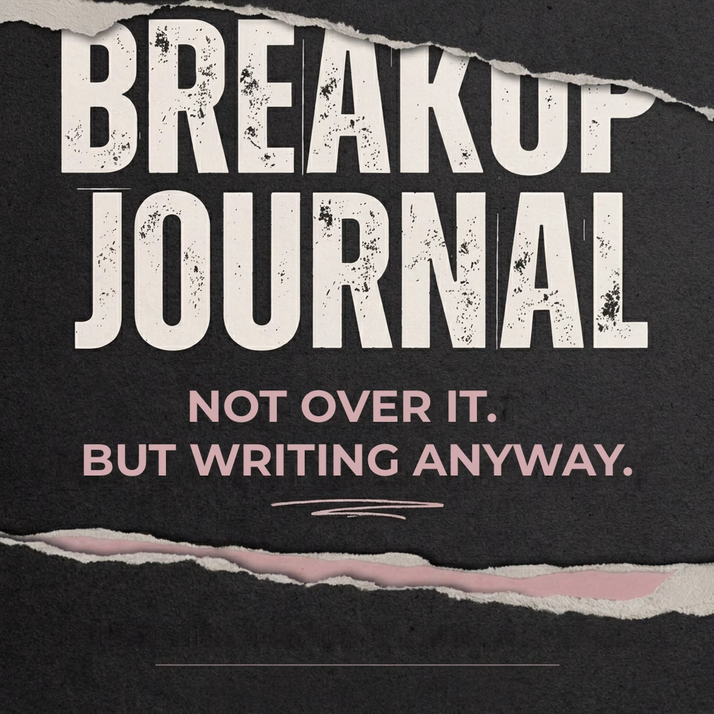 Dark grunge-style Breakup Journal poster reading “Not Over It. But Writing Anyway.”