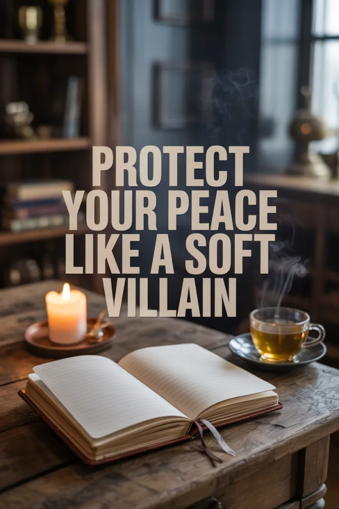 Warm-toned journal scene with candlelight and strong overlay text about protecting peace and setting emotional boundaries.