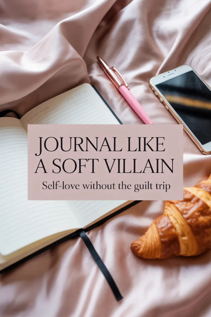 Journal laid on soft bedding with delicate accessories and text overlay about journaling like a soft villain with boundaries.