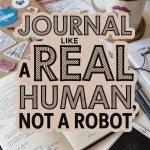 A cluttered journal scene with scattered stationery, open notebook filled with scribbles, a tea mug, and a half-visible phone. Captures the authentic, chaotic vibe of low-pressure journaling.