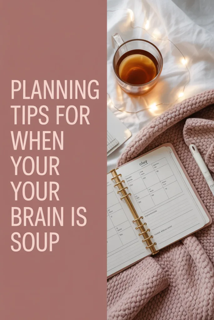 Pinterest pin with soft visuals and mental health-friendly planning tips.