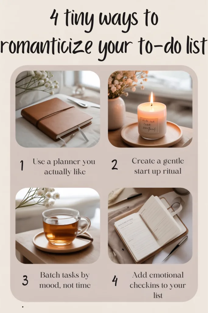 Pinterest image showing four cozy tips for soft productivity with journaling tools and mood lighting.