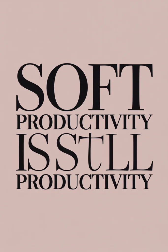 Graphic pin with empowering statement about soft productivity on a muted pink background.