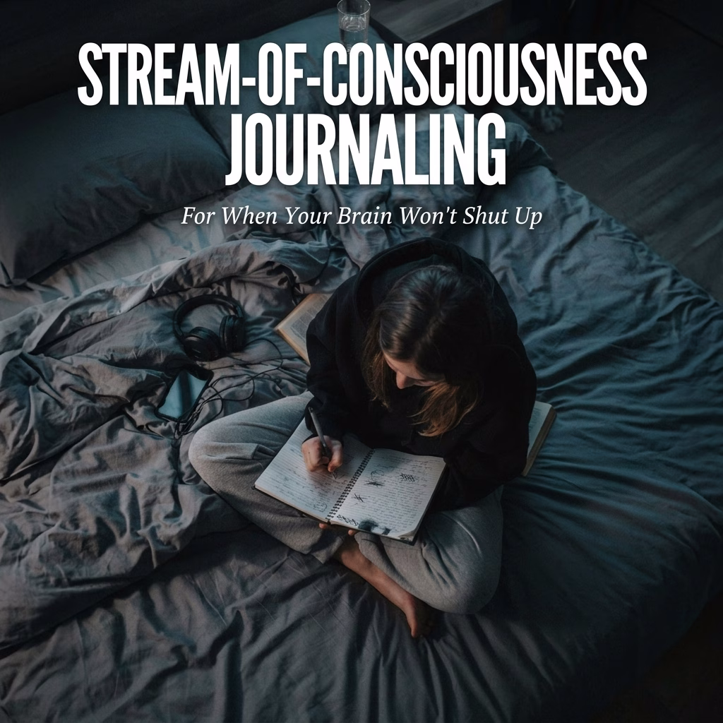 Woman sitting cross-legged on an unmade bed at night, writing in a notebook beneath the words “Stream-of-Consciousness Journaling: For When Your Brain Won’t Shut Up.”