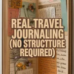 Scrapbook-style travel journal image with relaxed, no-rules text overlay.