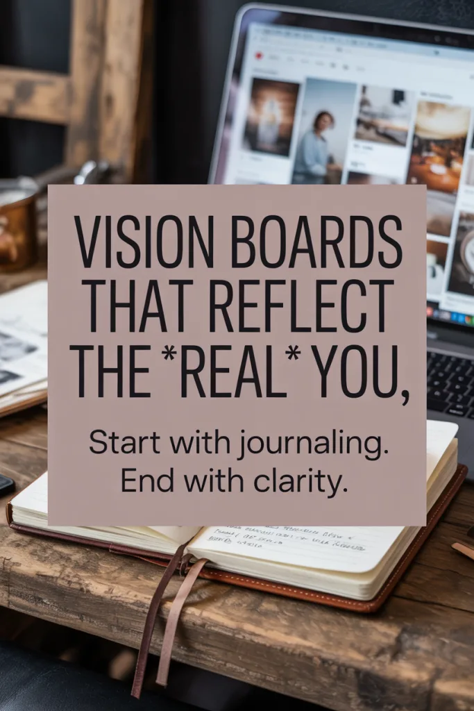 Journal next to laptop open to a vision board layout, text overlay about authentic dream-life creation.
