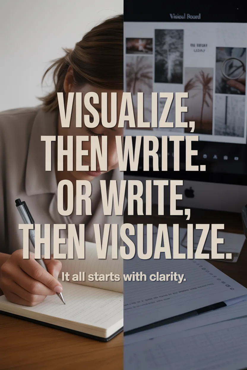Split image showing a journal on one side and a vision board on the other, text overlay about blending reflection and visual goal-setting.