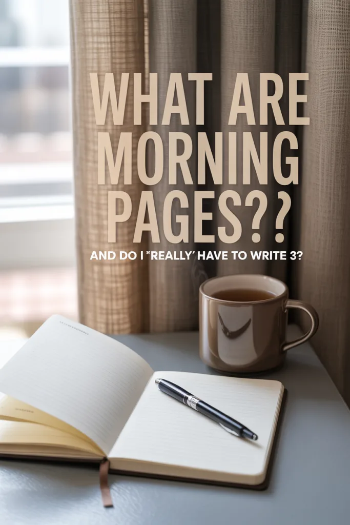 Minimalist journal setup with tea and light coming from the side, overlay text asks “What Are Morning Pages?”