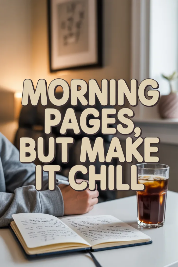 Cozy journal scene with iced coffee and soft light, overlay reads “Morning Pages, But Make It Chill.”