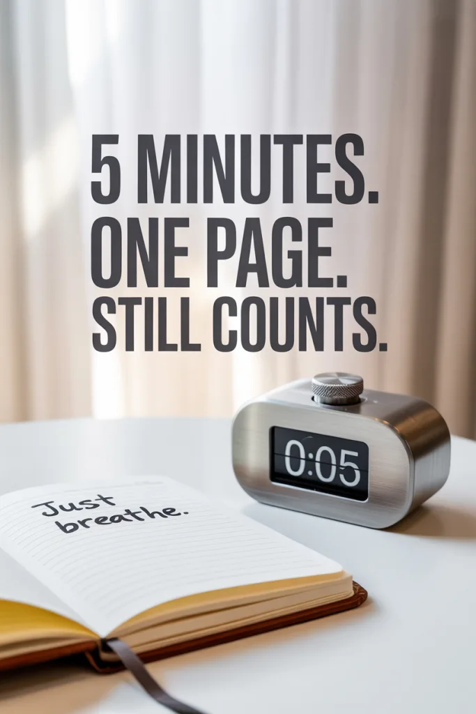 what are morning pages (4) Simple journal layout with minimal writing and overlay text saying “5 Minutes. One Page. Still Counts.”