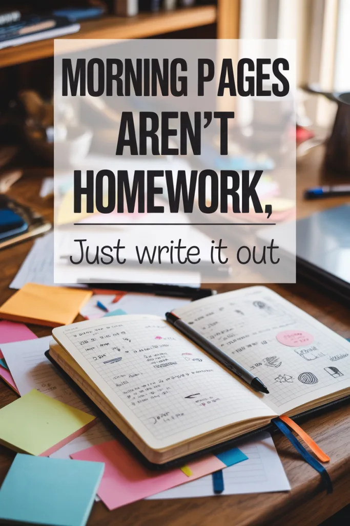 what are morning pages (7) Cluttered journaling desk with messy notes and overlay text: “Morning Pages Aren’t Homework.”