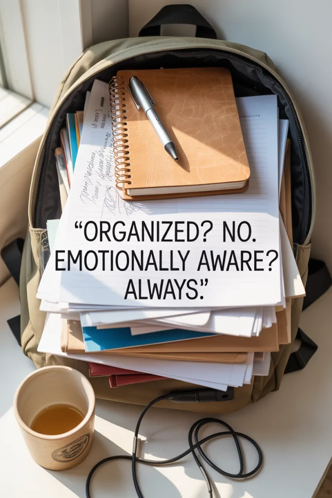 Overstuffed backpack filled with crumpled papers and a journal on top—symbolizing emotional clarity in academic or daily chaos.