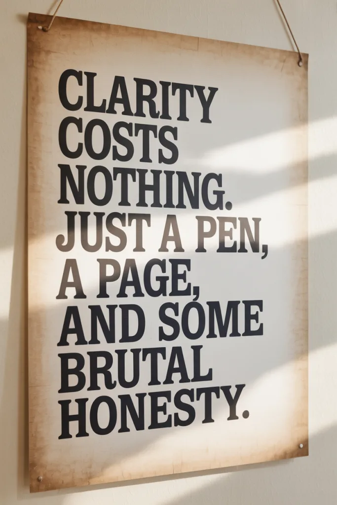 Text journaling pin with quote: “Clarity costs nothing. Just a pen, a page, and some brutal honesty.” on a soft textured background.