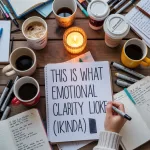 Messy journaling scene with multiple coffee cups and scribbled notebook pages—emotional clarity in cozy chaos.