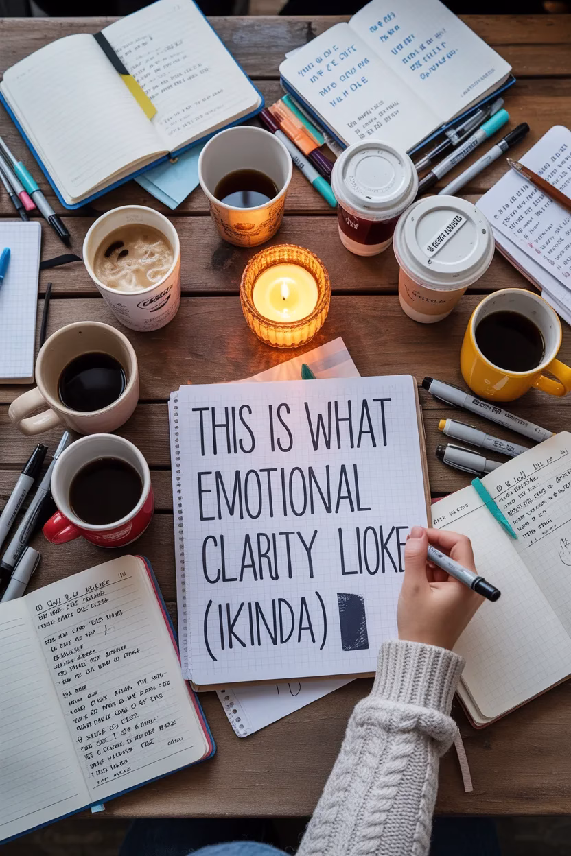 Messy journaling scene with multiple coffee cups and scribbled notebook pages—emotional clarity in cozy chaos.