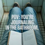 POV shot looking down at knees with notebook in lap inside a stall, playful meme-style vibe. Overlay text: “POV: You’re Journaling in the Bathroom.”