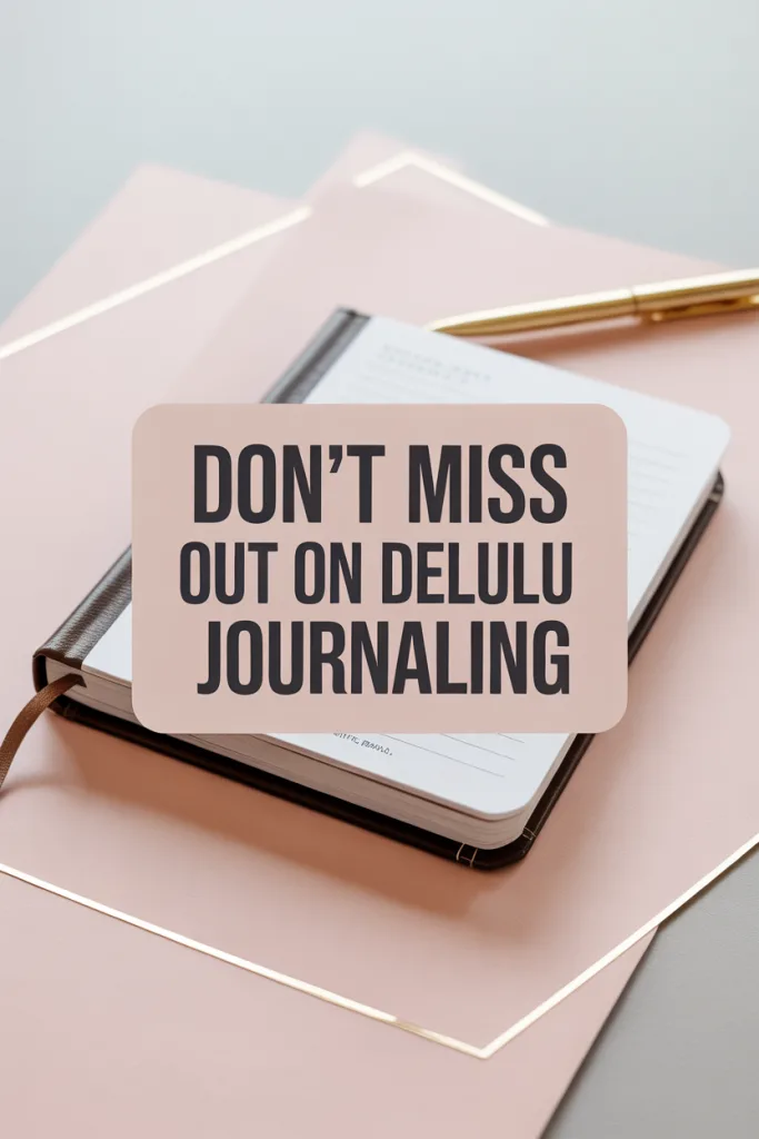 A bold, modern Pinterest graphic with the text “Don’t Miss Out on Delulu Journaling” in large capital letters, pastel background with gold accents, journal and pen flatlay.