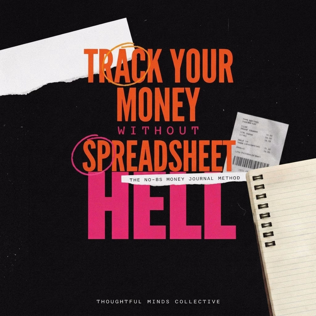 Bold poster promoting a no-BS money journaling method for tracking finances without complicated spreadsheets.