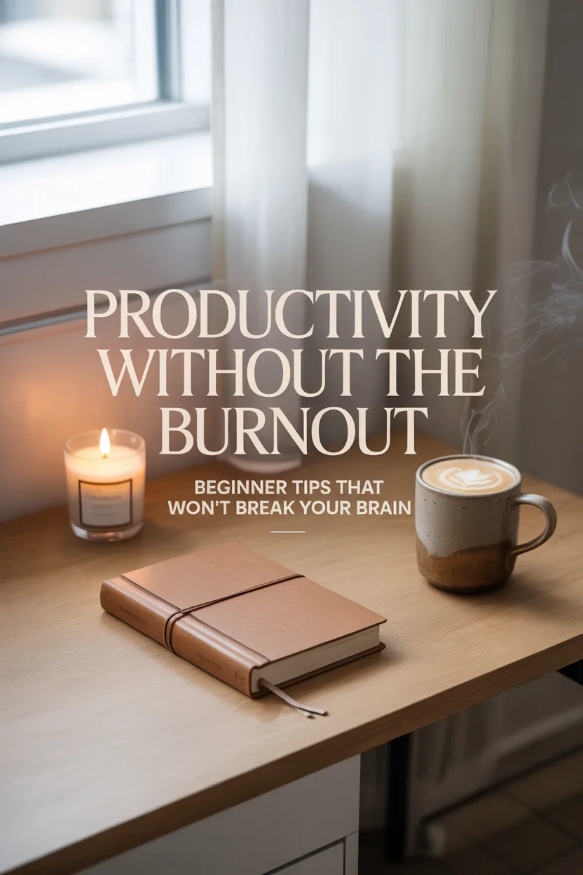 A soft blush-toned workspace with journal, candle, and laptop on a clean desk