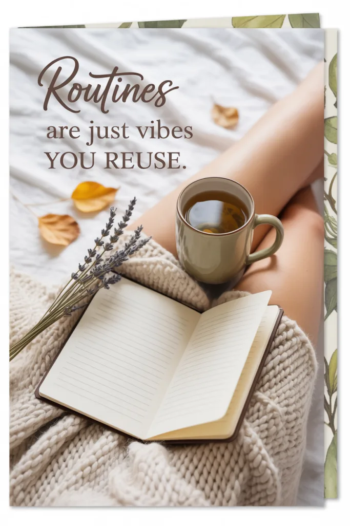 Morning routine scene with cozy mug, journal, and blanket