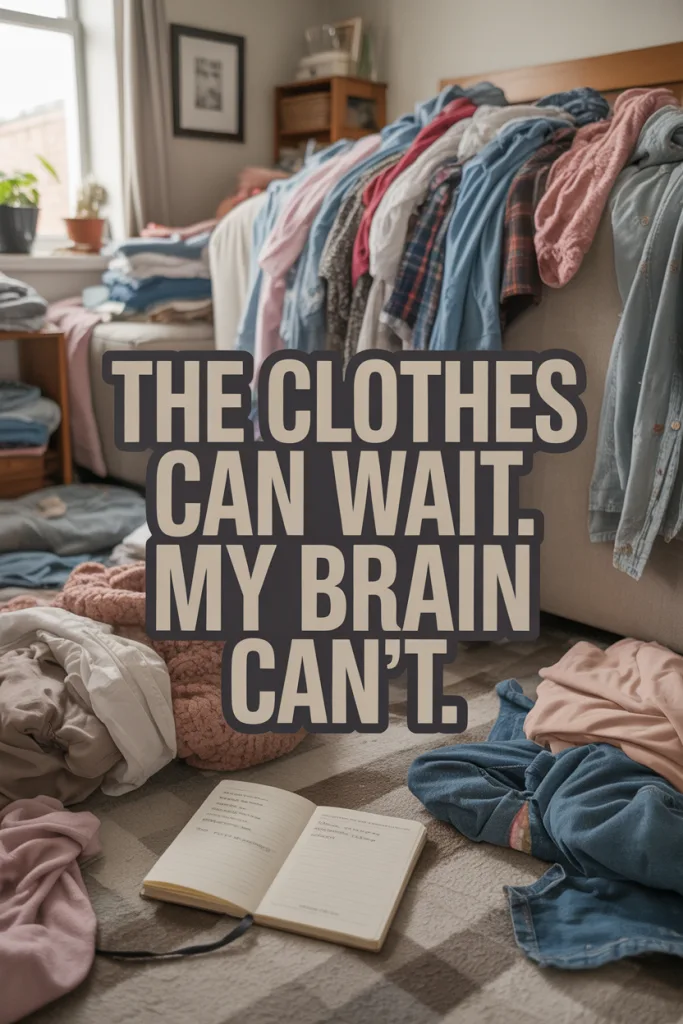 Messy room with laundry piles everywhere and a journal open on top—journaling in chaos with cozy, soft girl energy.