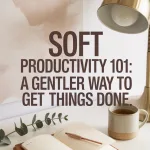Pinterest pin with bold serif overlay text: “Soft Productivity 101: A Gentler Way to Get Things Done.” Neutral blush background, minimal design.