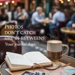 A cozy cafe scene with journal, coffee, and map in a chaotic but intentional layout