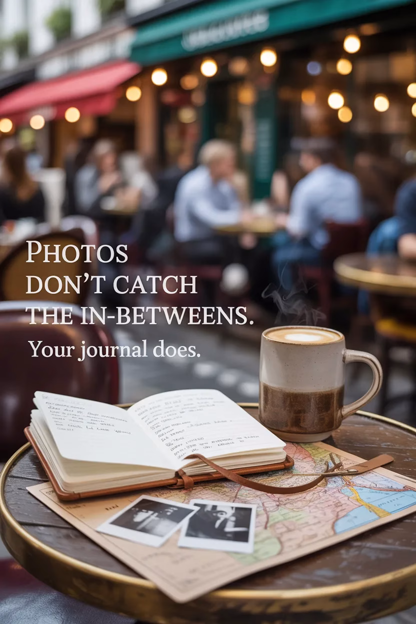 A cozy cafe scene with journal, coffee, and map in a chaotic but intentional layout