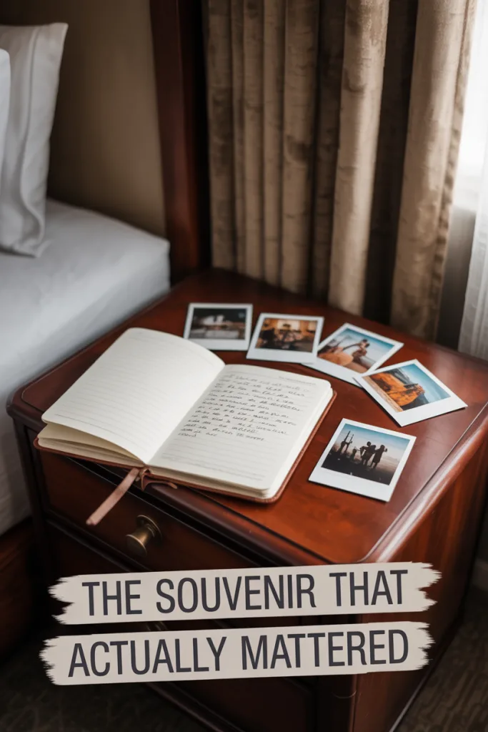  Journal with emotional entries and Polaroids taped in, sitting on a hotel bed