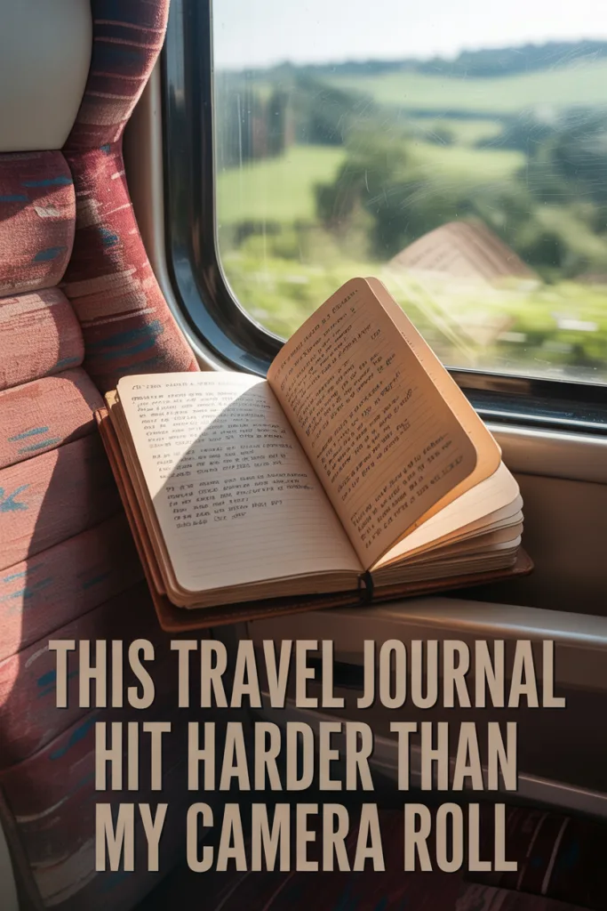 A vintage travel journal open on a train seat, with handwriting visible and a scenic view out the window