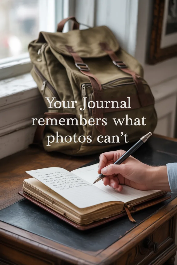 Close-up of a hand holding a pen over a journal, dim light from a hostel window in the background