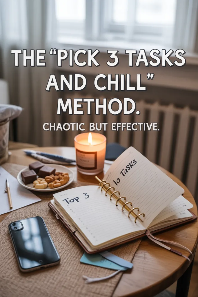 Pin that explains the "Pick 3 Tasks and Chill" method for Type B productivity.