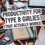 Pinterest pin with bold title about productivity for Type B girls, scribbled to-do list and chaotic workspace.
