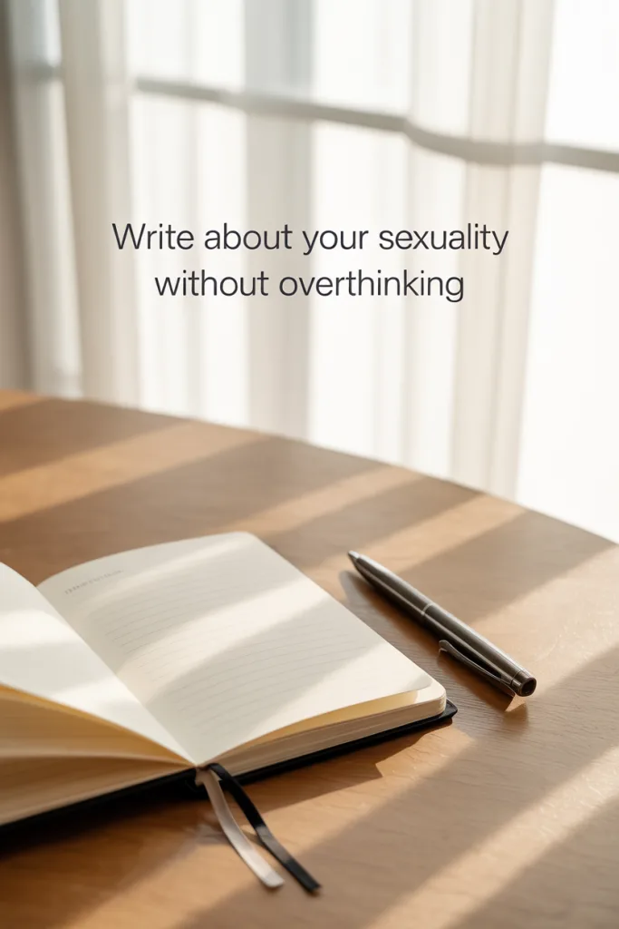 Minimalist journal on a smooth wood desk with a pen and soft window light.