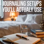 Moody nightstand with journal, warm lamp lighting, pen and book stacked neatly beside a bed in a cozy bedroom.