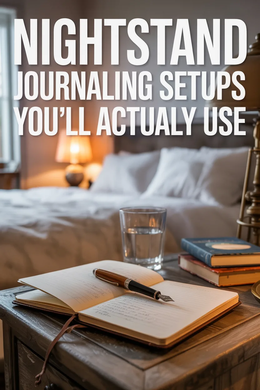 Moody nightstand with journal, warm lamp lighting, pen and book stacked neatly beside a bed in a cozy bedroom.