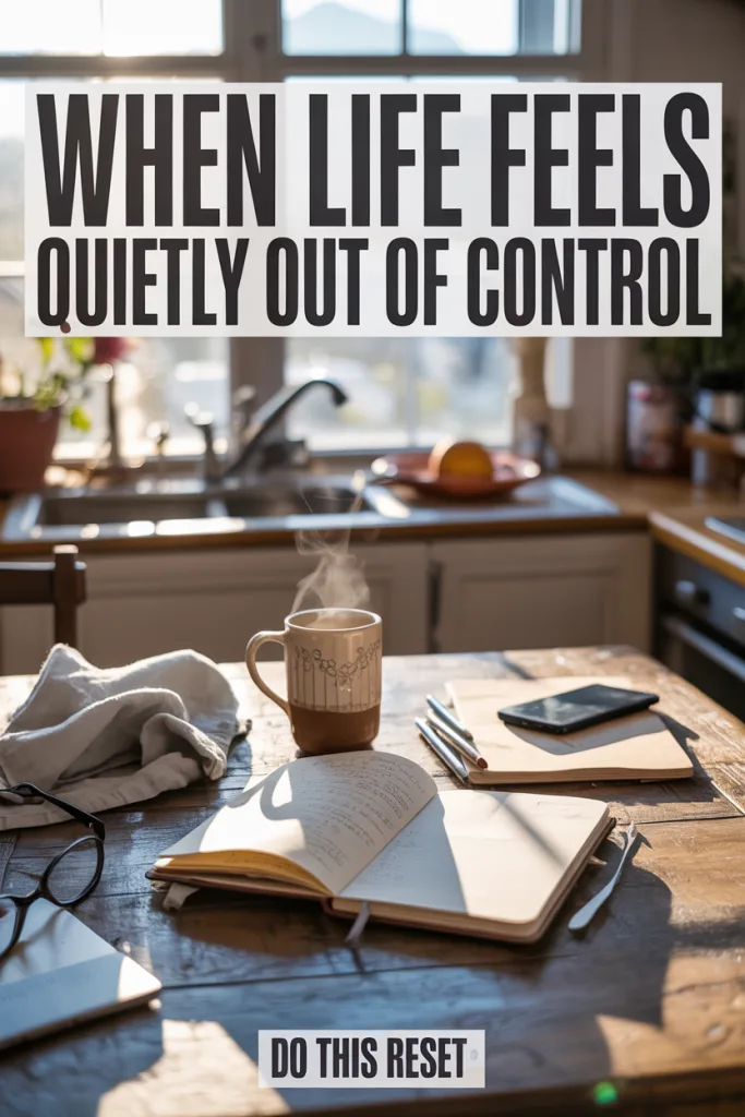 Quiet overwhelm concept showing calm journaling moment with simple life reset planning.