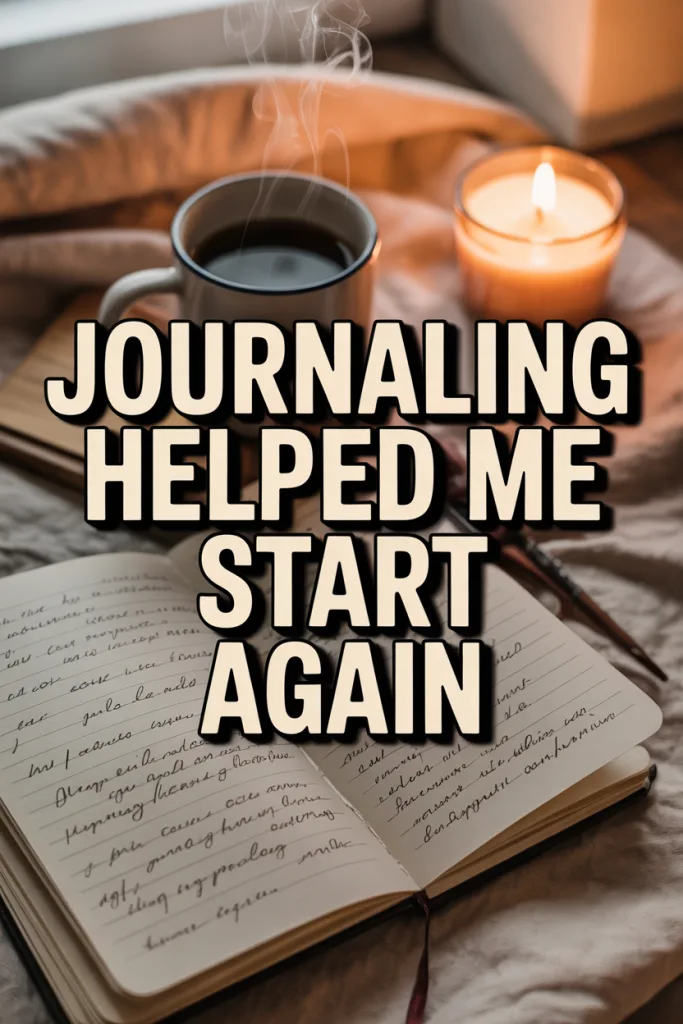 Ive been avoiding my life (1) Close-up journaling scene with handwritten thoughts, coffee, candlelight, and calming emotional atmosphere.